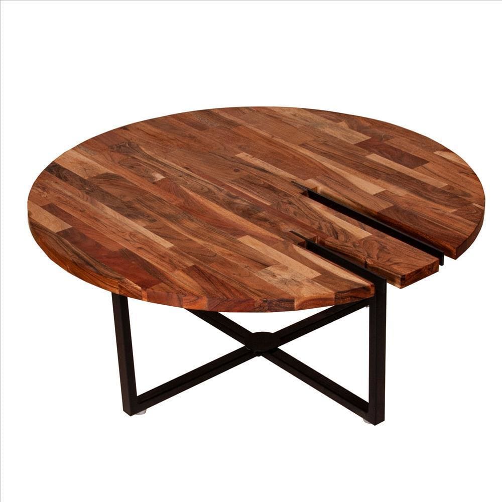 36 Inches Round Wooden Top Coffee Table with Metal Base, Brown and Black By The Urban Port