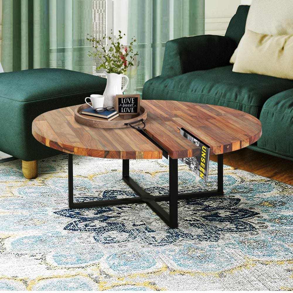 Peter 35 Inch Round Coffee Table, Solid Acacia Wood Tabletop, Steel Frame, Brown, Black By The Urban Port