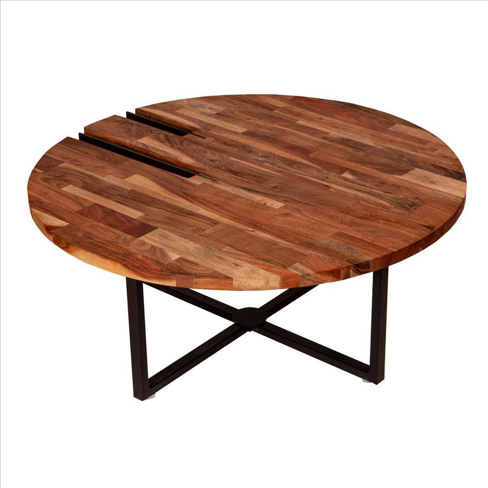 36 Inches Round Wooden Top Coffee Table with Metal Base Brown and Black By The Urban Port UPT-238077