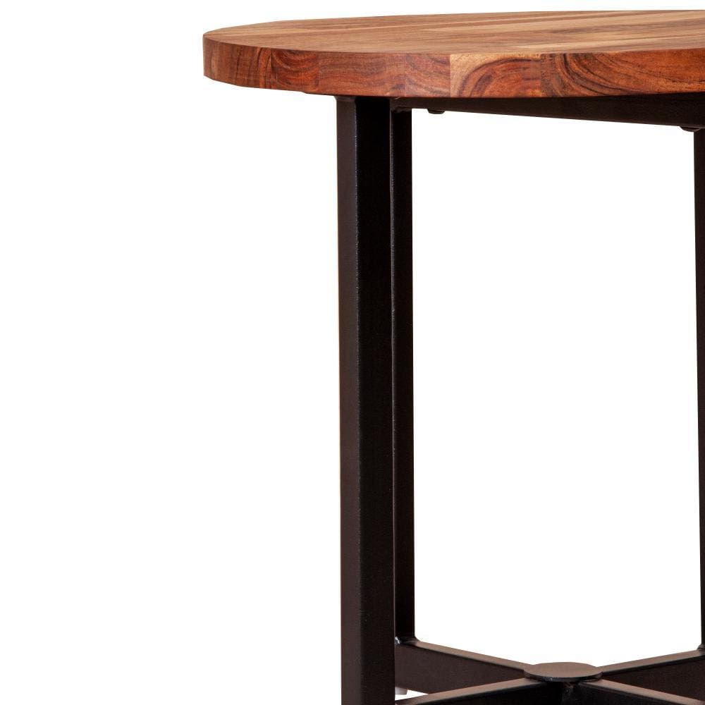 18 Inches Round Solid Wood End Table with X Shape Metal Base Brown and Black By The Urban Port UPT-238078