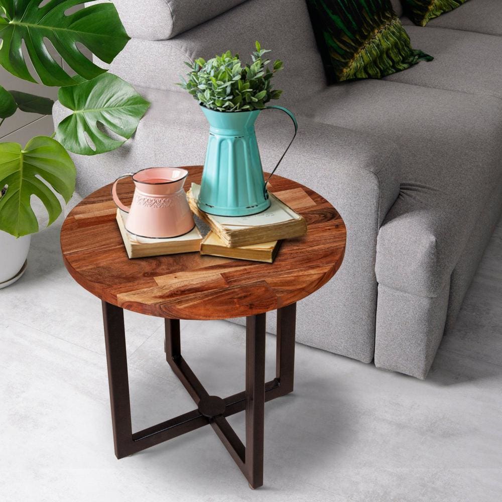 Peter 18 Inch Round End Side Table, Solid Acacia Wood Tabletop, Steel Frame, Brown, Black By The Urban Port