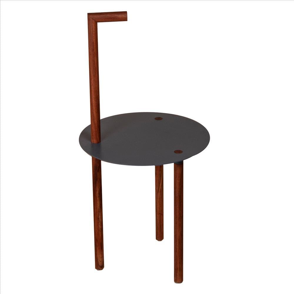 29 Inches Round Metal Top End Table with Inbuilt Wooden Pole, Brown and Black By The Urban Port