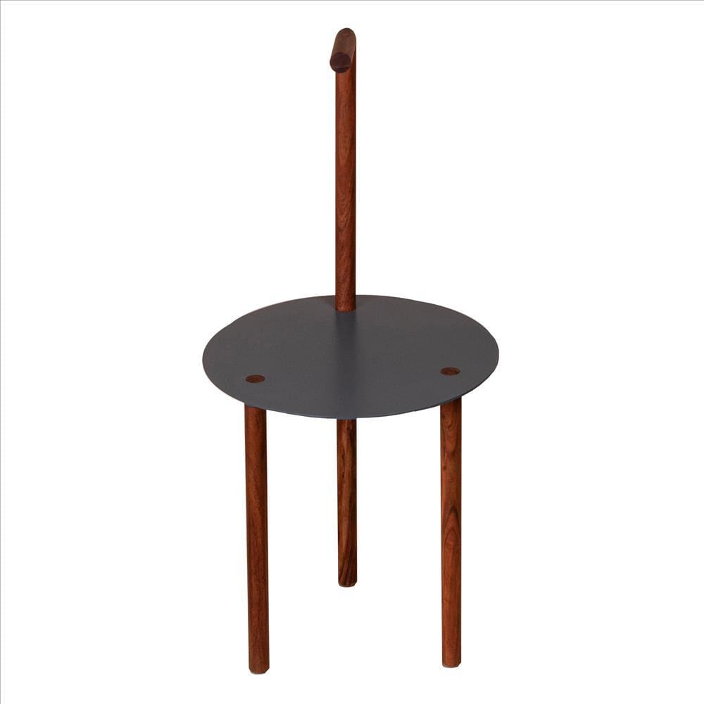 29 Inches Round Metal Top End Table with Inbuilt Wooden Pole Brown and Black By The Urban Port UPT-238079