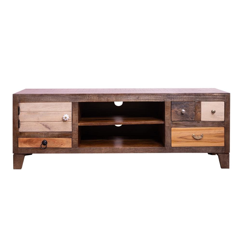 57 Inch 4 Drawer Media Console Cabinet with 1 Door and 2 Open Compartments Brown By The Urban Port UPT-238083