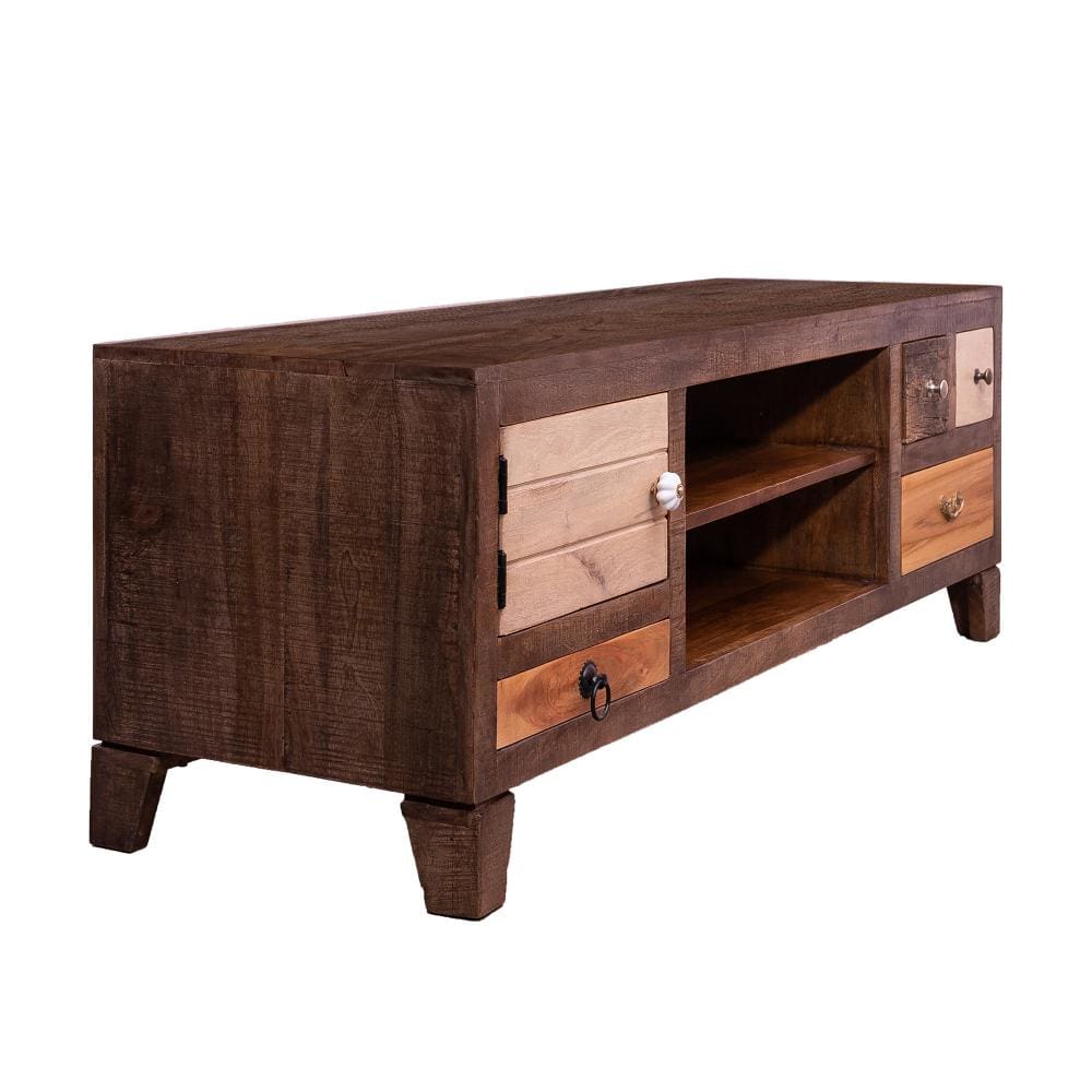 57 Inch 4 Drawer Media Console Cabinet with 1 Door and 2 Open Compartments Brown By The Urban Port UPT-238083