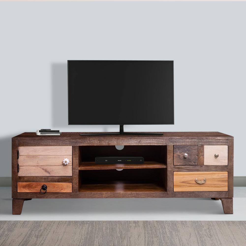 57 Inch 4 Drawer Mango Wood Media Console Cabinet, 1 Door, 2 Compartments, Brown By The Urban Port