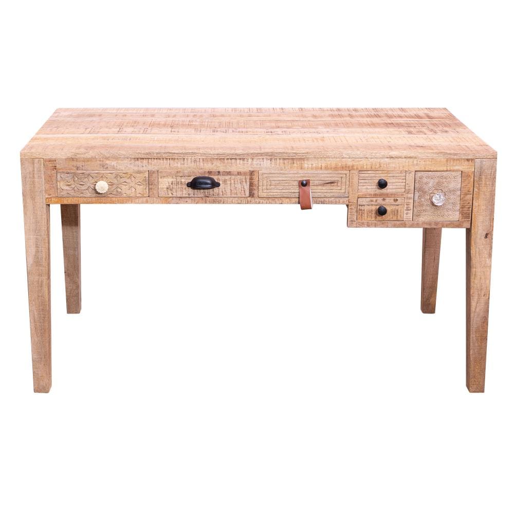 6 Drawer Grained Rustic Wooden Home Office Desk with Straight Legs Antique White By The Urban Port UPT-238085