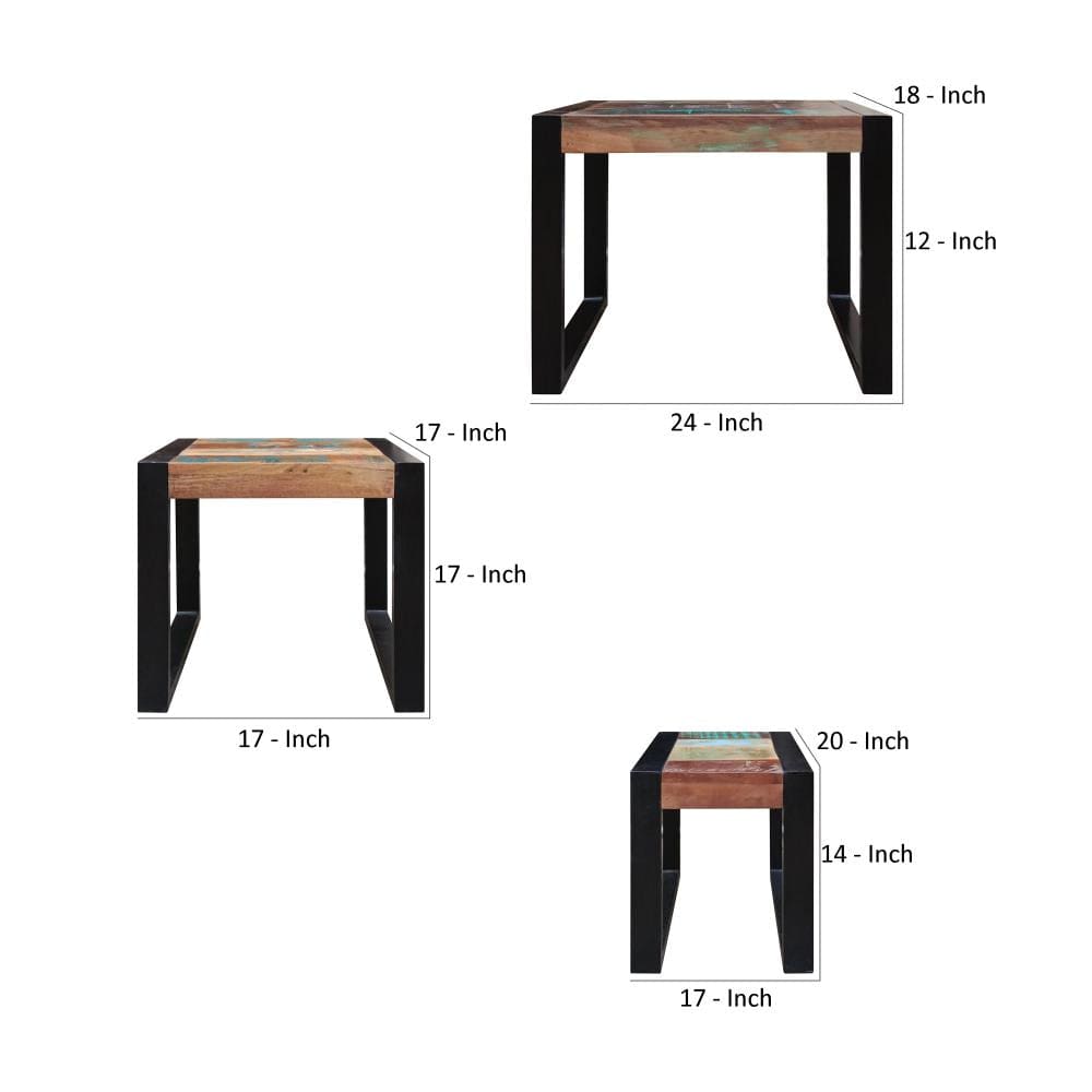 Rectangular Wooden Stacking Nesting Table with Metal Base Set of 3 Brown and Black By The Urban Port UPT-238090