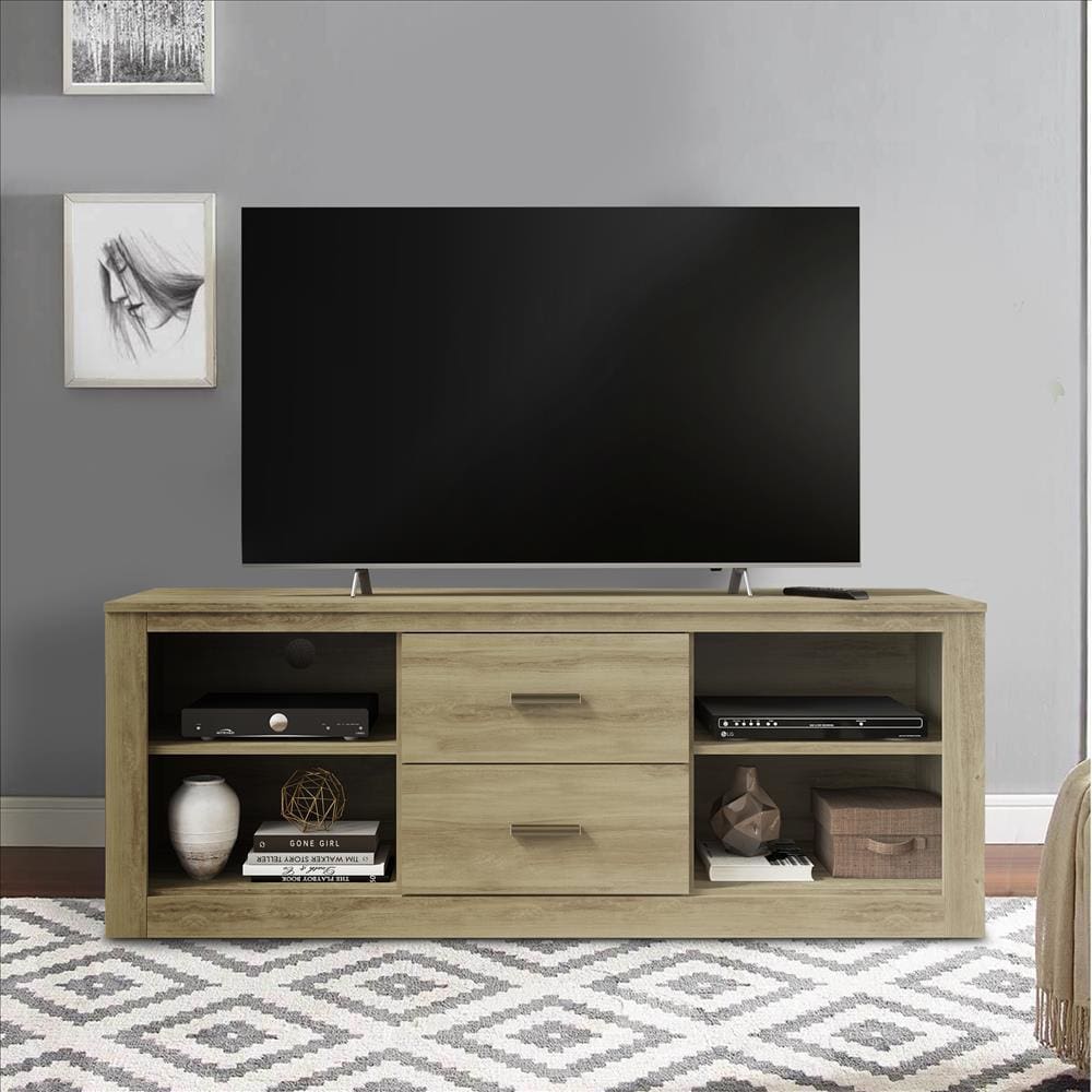 59 Inch Wooden TV Stand with 2 Drawers and 4 Open Compartments, Oak Brown By The Urban Port