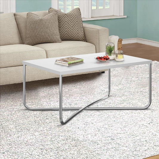 Coffee Table with Rectangular Top and X Base, White and Chrome By The Urban Port