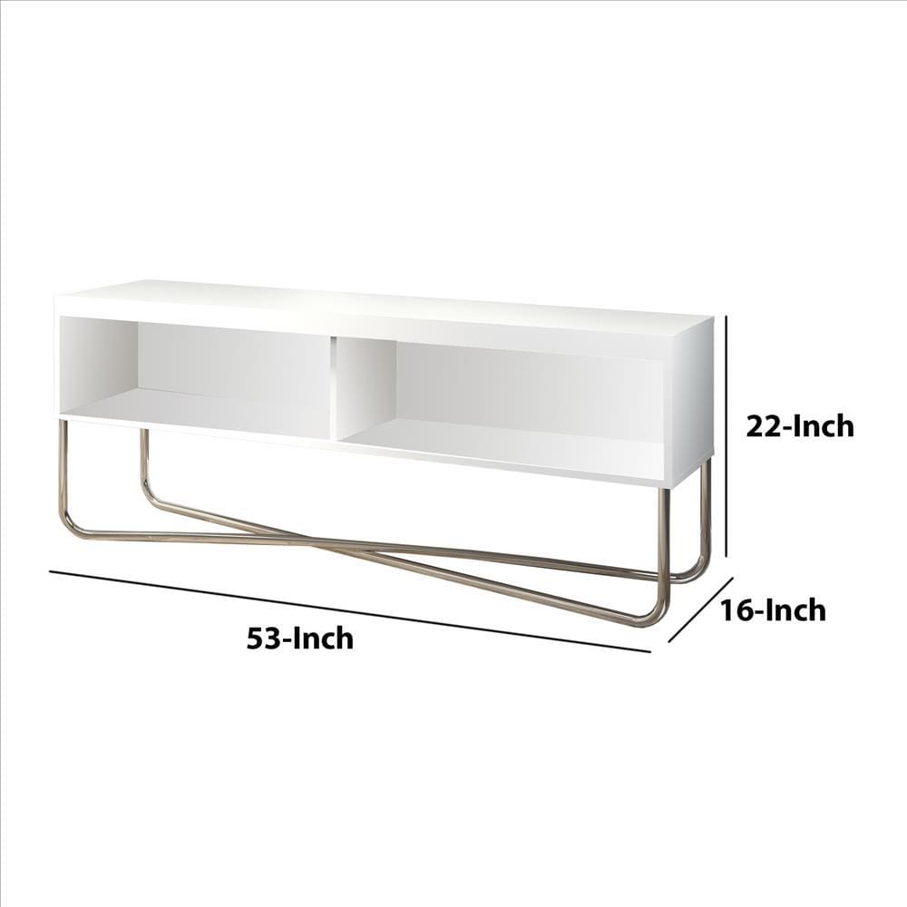 53 Inch TV Stand with 2 Open Compartments and Tubular Metal Frame White and Chrome By The Urban Port UPT-238274