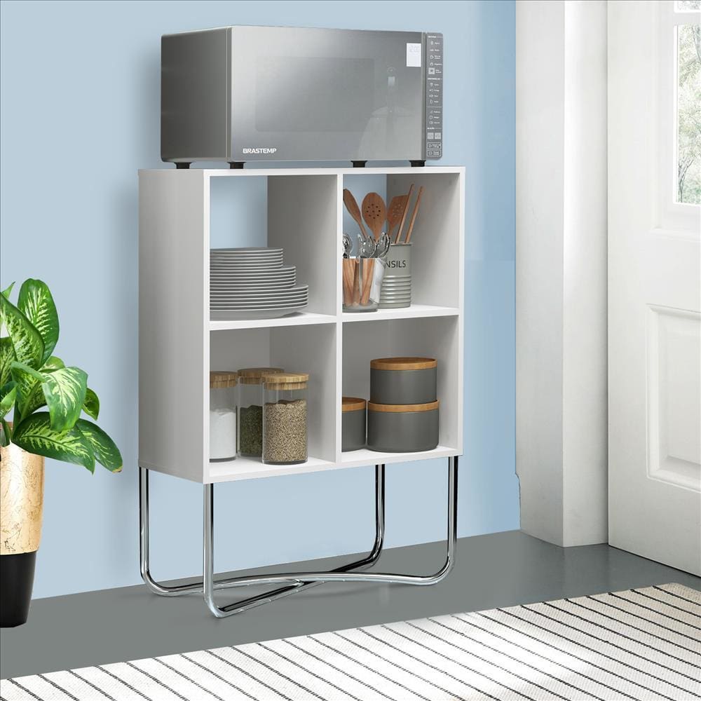 Multipurpose Storage Shelf with 4 Open Compartments, White and Chrome By The Urban Port