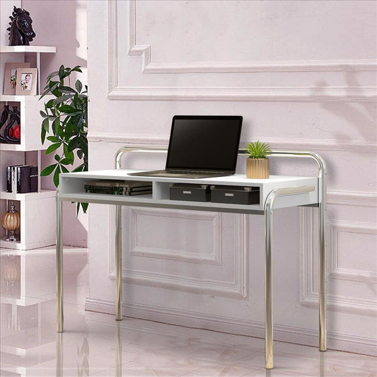 Office Desk with 2 Compartments and Tubular Metal Frame, White and Chrome By The Urban Port