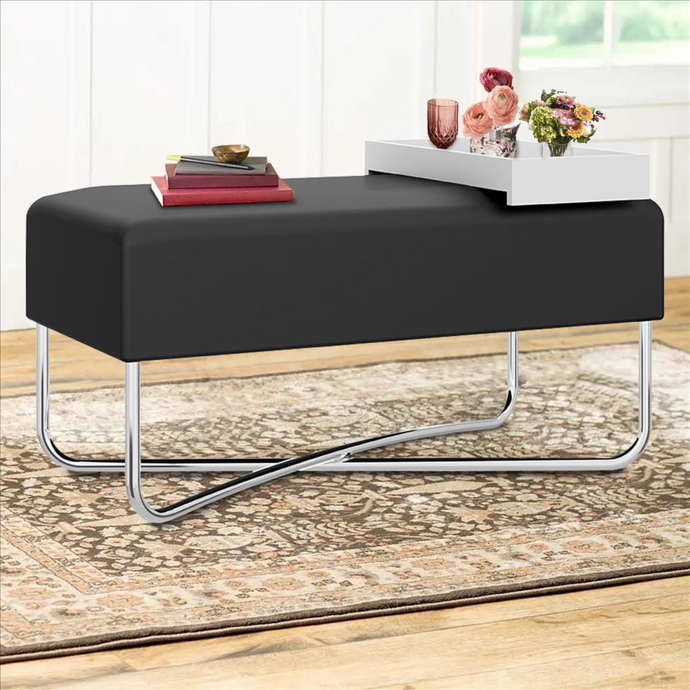 Pouffe with Rectangular Fabric Seat and Inbuilt Wooden Tray, Black and White By The Urban Port