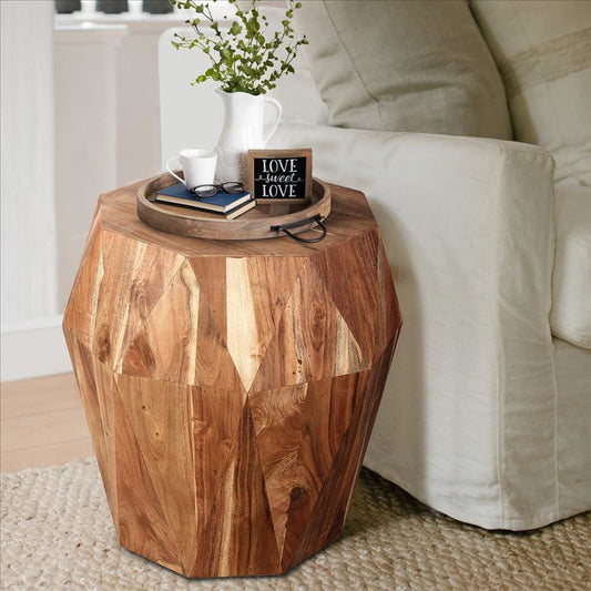 Bon 22 Inch Artisanal End Side Table, Multifaceted Solid Acacia Wood, Octagon Top, Natural Brown By The Urban Port