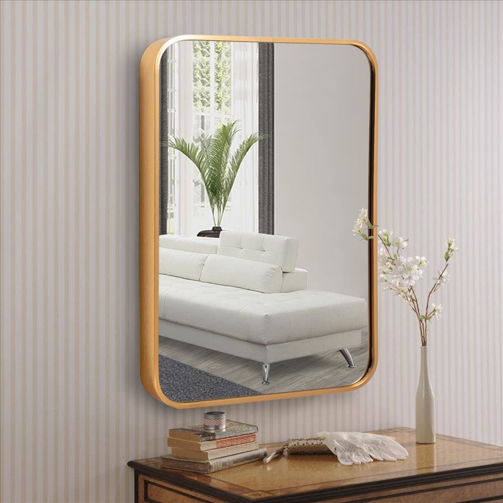 24 Inch Transitional Aluminum Frame Rectangular Wall Mirror with Arched Corners Gold By The Urban Port UPT-238451