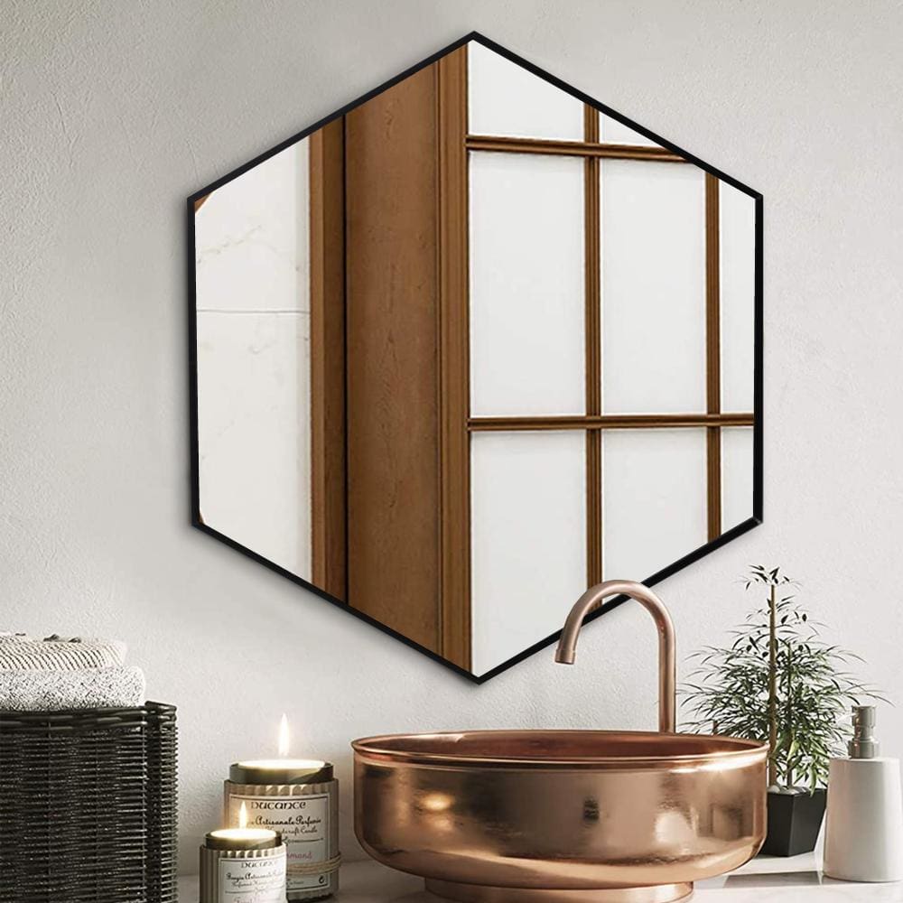 24 Inch Hexagon Modern Geometric Hanging Accent Wall Mirror Metal Frame Black By The Urban Port UPT-238456