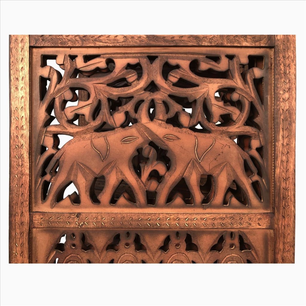 Traditionally Wooden Carved 4 Panel Room Divider Screen With Intricate Cutout Details Brown By The Urban Port UPT-238486