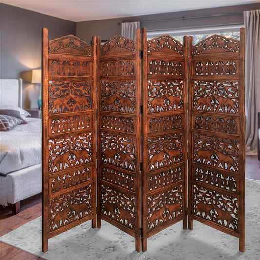 80 Inch Handcrafted 4 Panel Carved Wood Room Divider Screen, Intricate Cutout Details, Brown By The Urban Port