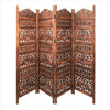 Traditionally Wooden Carved 4 Panel Room Divider Screen With Intricate Cutout Details, Brown By The Urban Port