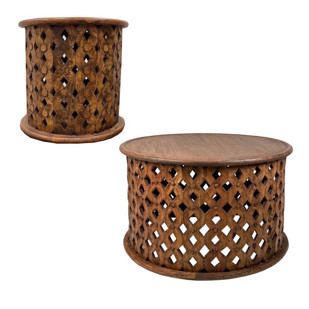 Farmhouse Round Coffee Table Set with Mango Wood Frame and Cut Out Design Set of 2 Brown By The Urban Port UPT-240457