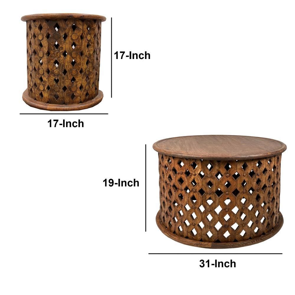 Farmhouse Round Coffee Table Set with Mango Wood Frame and Cut Out Design Set of 2 Brown By The Urban Port UPT-240457