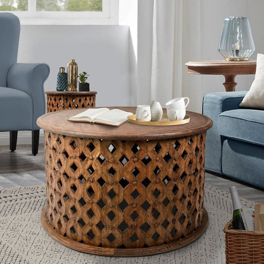 Mesh Cut Out Carved Mango Wood Octagonal Folding Table with Round Top, Antique White and Brown