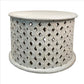 Mango Wood Farmhouse Round Coffee Table with Intricate Diamond Cutout Base, Washed White By The Urban Port