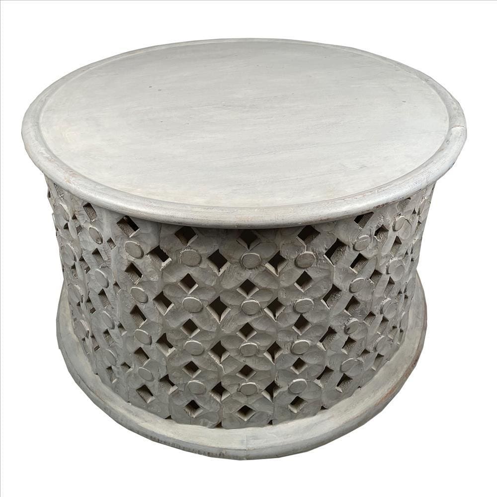 Mango Wood Farmhouse Round Coffee Table with Intricate Diamond Cutout Base Washed White By The Urban Port UPT-241080