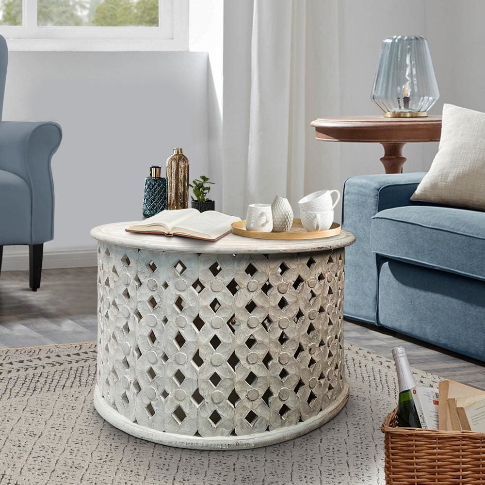 28 Inch Artisanal Round Mango Wood Coffee Table, Intricate Diamond Lattice Cut Out Frame, Washed White By The Urban Port
