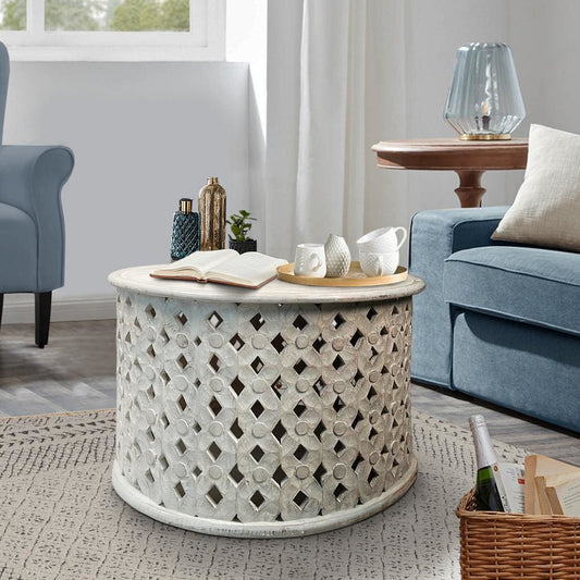 Cato 28 Inch Artisanal Round Mango Wood Coffee Table, Intricate Diamond Lattice Cut Out Frame, Washed White By The Urban Port