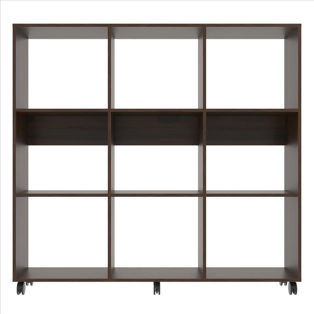 52.6 Inch Wooden Bookcase with 9 Open Compartments and Casters Walnut Brown By The Urban Port UPT-242343