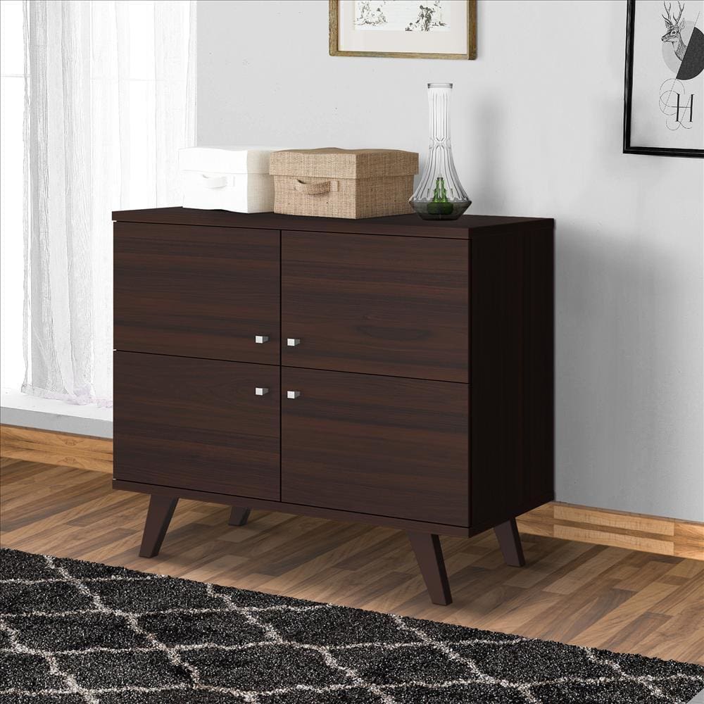 35 Inch Handcrafted Wood Multipurpose Storage Cabinet Console, 4 Doors, Angled Legs, Dark Brown By The Urban Port