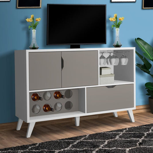 54 Inch 2 Door Wine Bar Cabinet TV Entertainment Console, Wine Rack, 1 Drawer, White, Gray By The Urban Port