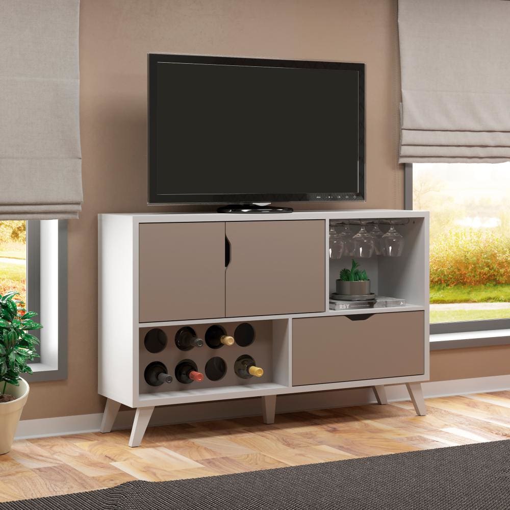 54 Inch 2 Door Wooden TV Stand with Wine Rack and 1 Drawer White and Gray By The Urban Port UPT-242348