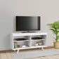 58 Inch Handcrafted Wood TV Media Entertainment Center Console, 4 Open Compartments, Angled Legs, White By The Urban Port