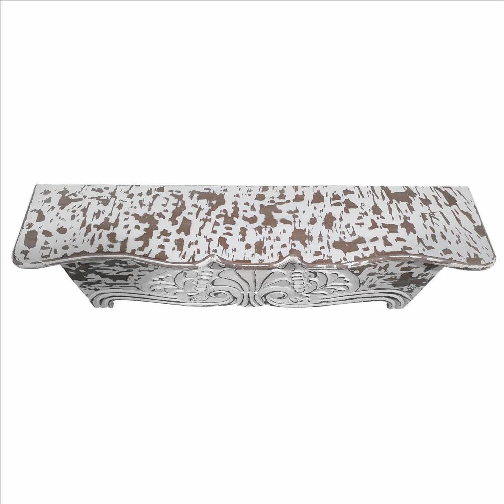 28 Inch Wooden Floating Wall Shelf with Engraved Floral Details Antique White By The Urban Port UPT-242448