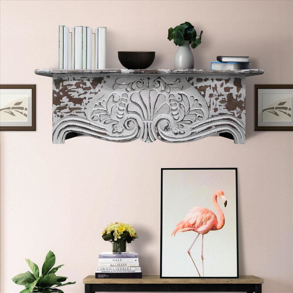 28 Inch Handcrafted Floating Wall Shelf, Ornate Carved Wood With Engraved Floral Details, Distressed White By The Urban Port