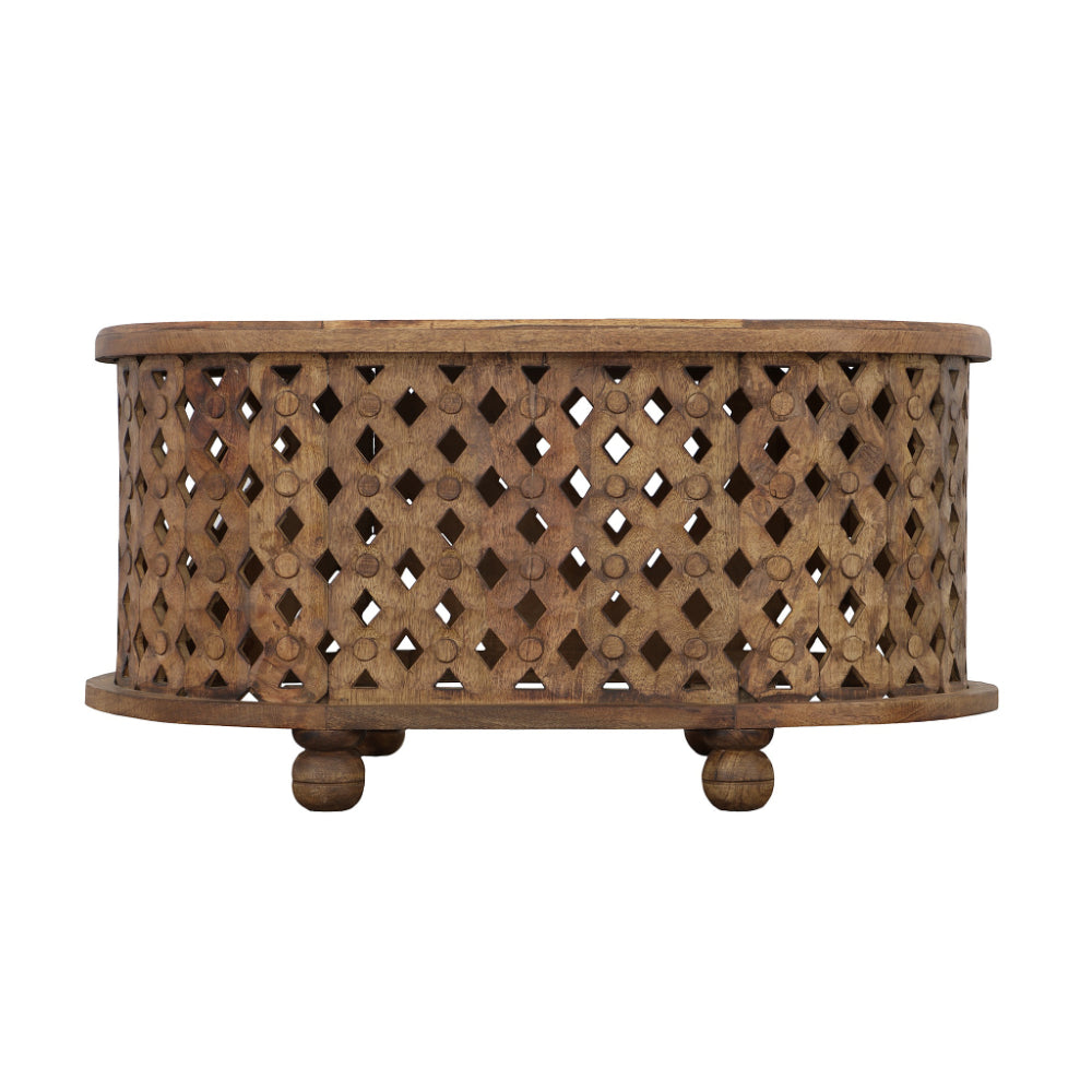 36 Inch Handcrafted Oval Coffee Table Intricate Cutout Design Antique Brown By The Urban Port UPT-242449