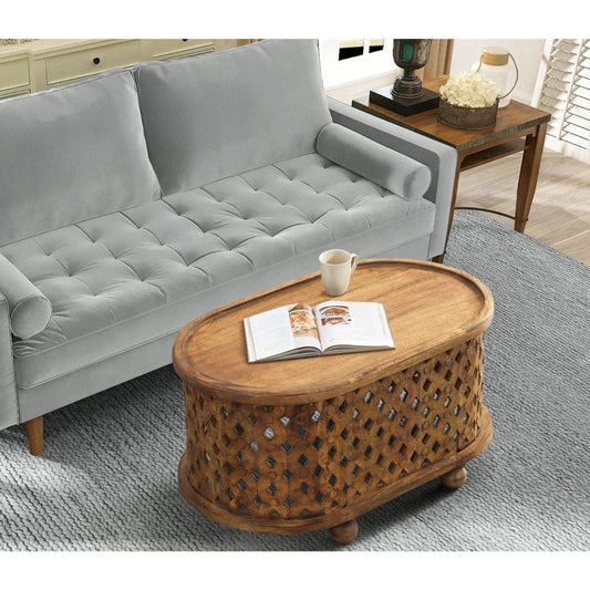 36 Inch Handcrafted Oval Coffee Table, Intricate Cutout Design, Antique Brown By The Urban Port
