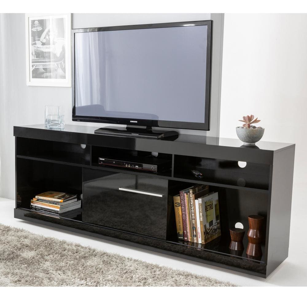Hud 71 Inch Modern TV Media Entertainment Center Console, 5 Open Compartments, 1 Sliding Door, Black By The Urban Port