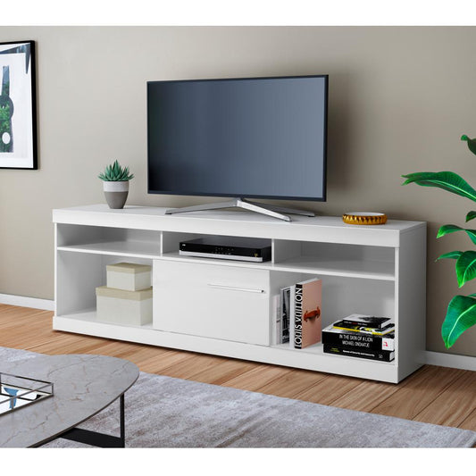 Hud 71 Inch Modern TV Console Media Entertainment Center, 5 Open Compartments, 1 Sliding Door, White By The Urban Port