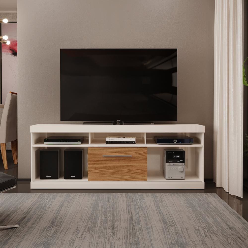 71 Inch TV Media Entertainment Center, 5 Cubbies, 1 Sliding Door, White and Oak By The Urban Port