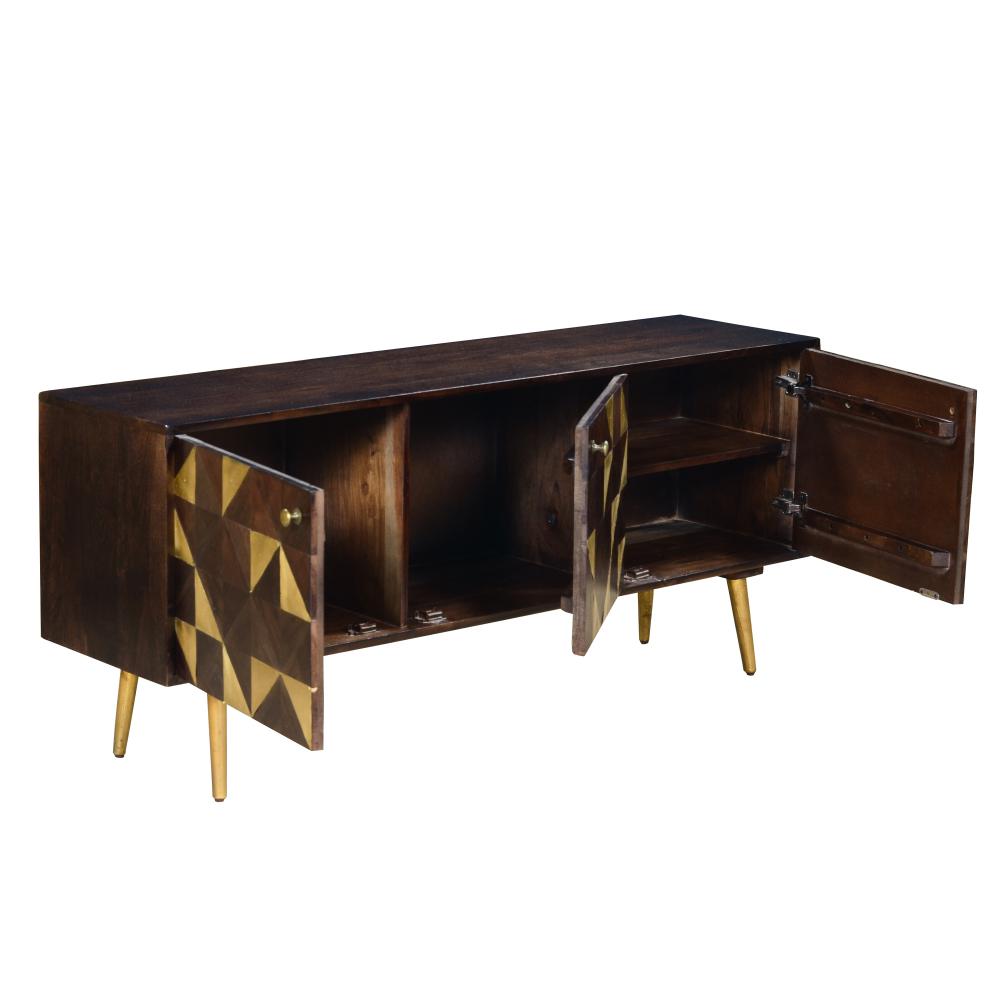 56 Inch Wooden TV Console with Geometric Front 3 Door Cabinets Dark Brown Gold By The Urban Port UPT-242818