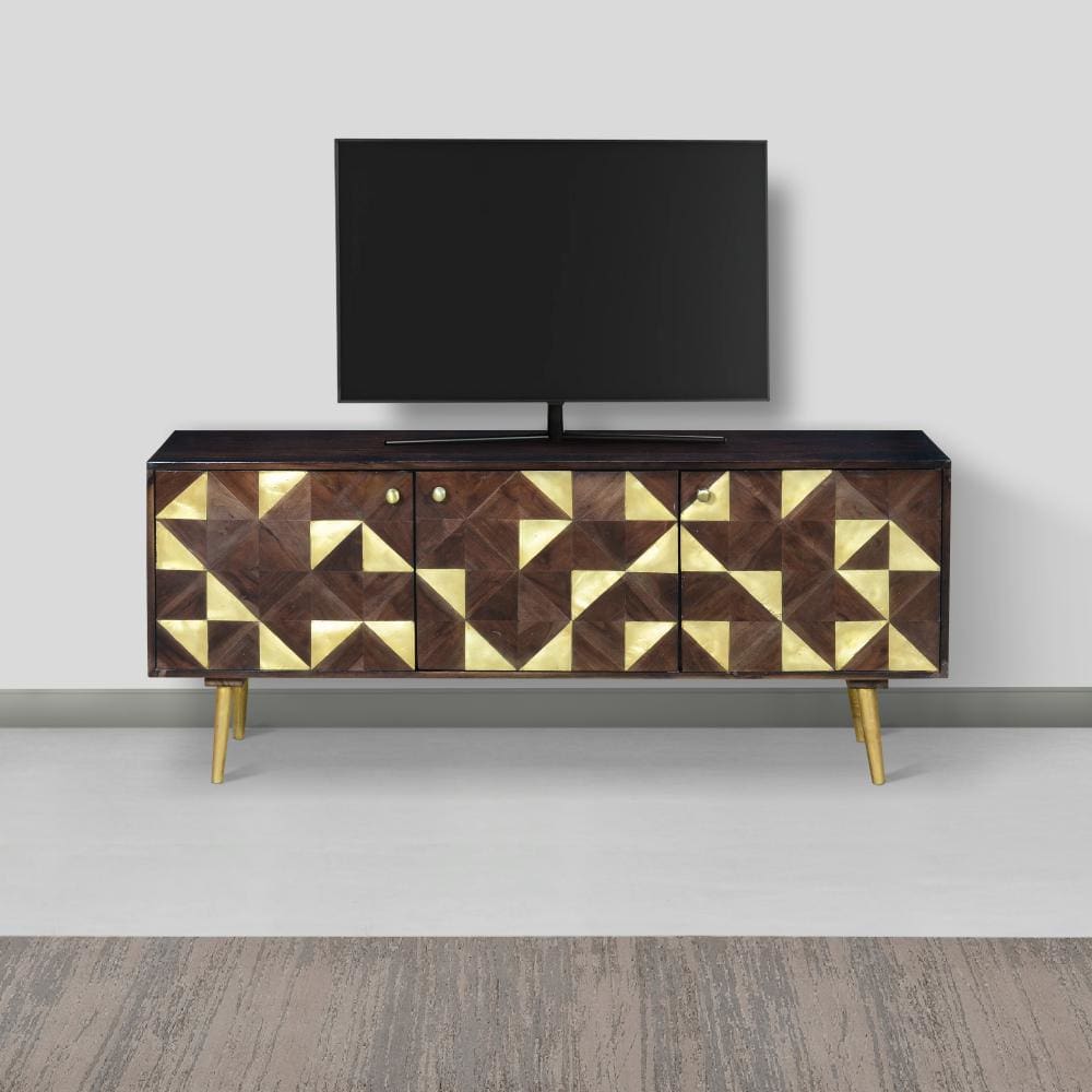 56 Inch Wooden TV Console with Geometric Front 3 Door Cabinets, Dark Brown, Gold By The Urban Port