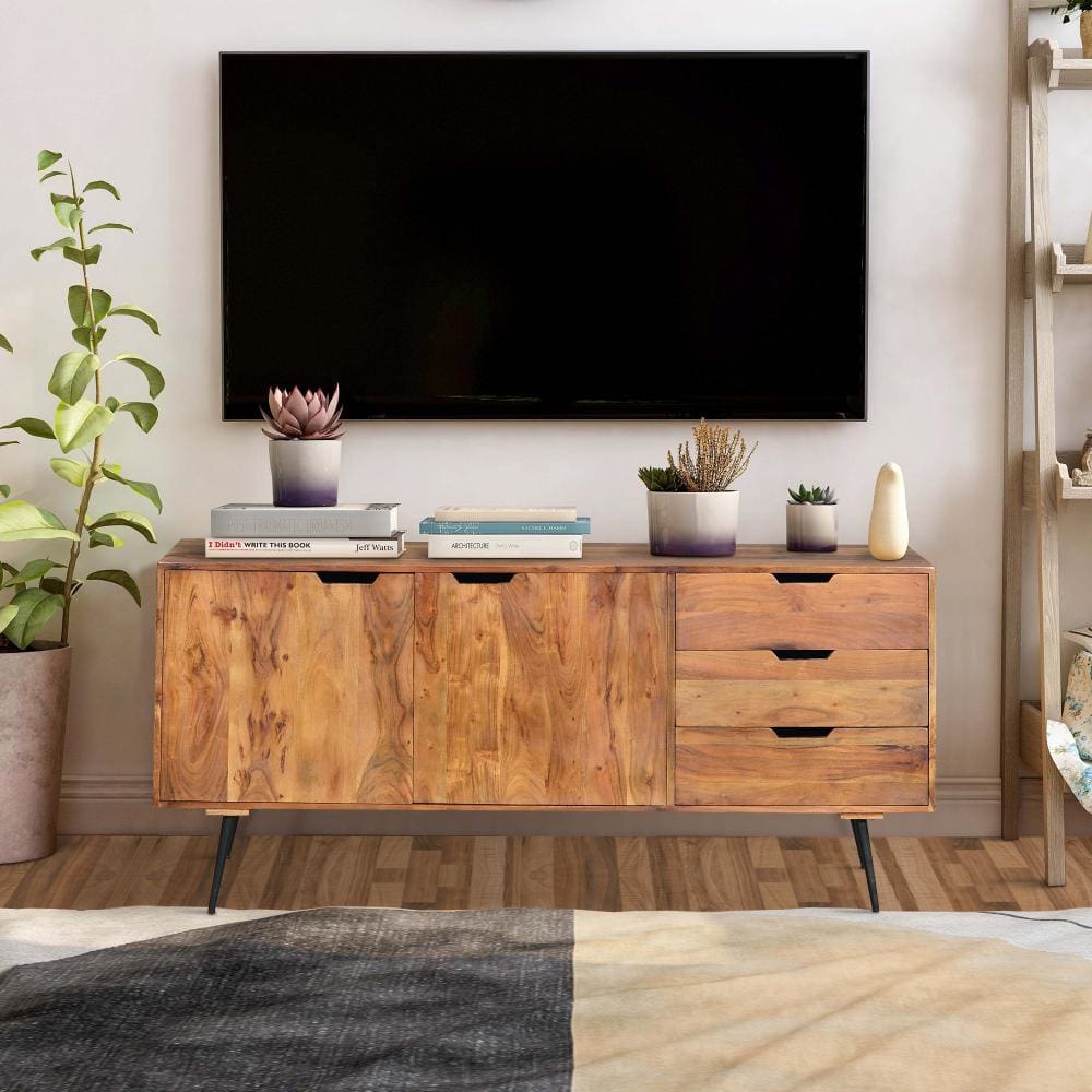 63 Inch Acacia Wood 2 Door Sideboard with 3 Drawers and Cutout Pulls, Brown By The Urban Port