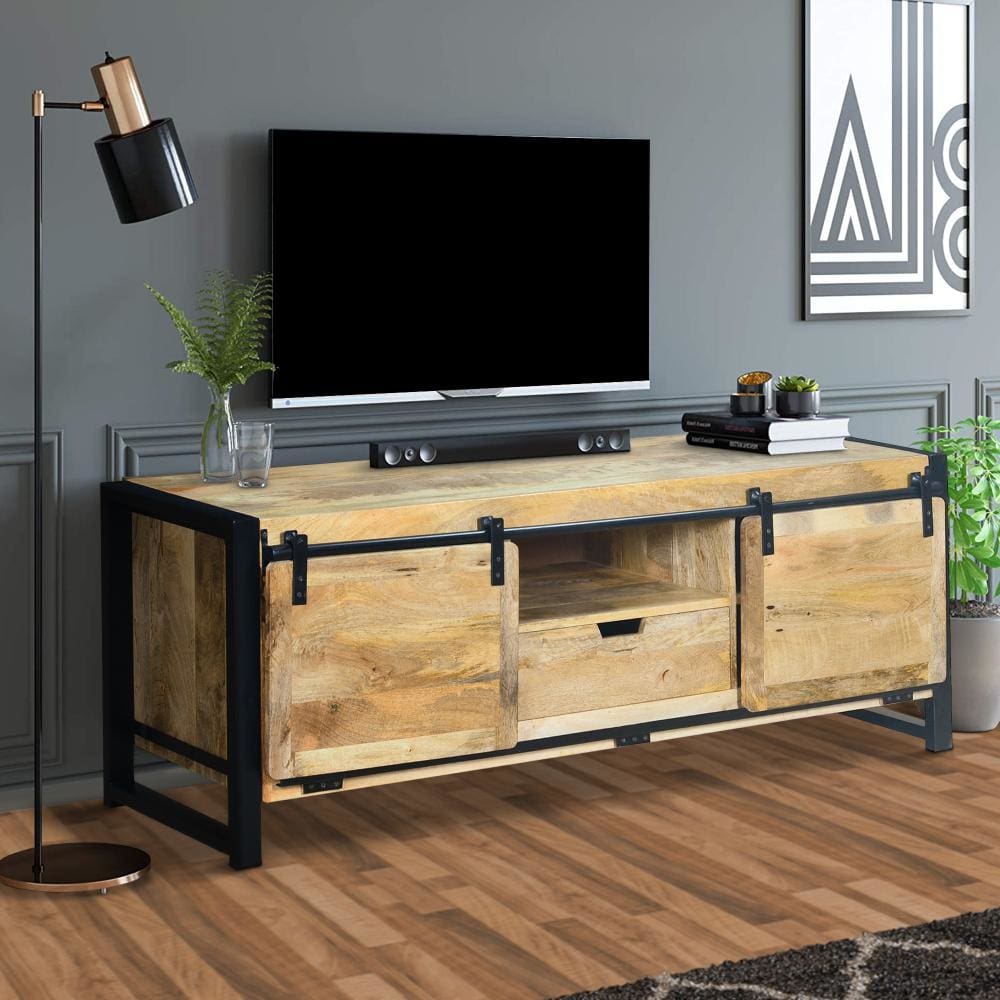 63 Inch Wooden Industrial TV Cabinet with Barn Style Sliding Doors, Brown and Black By The Urban Port