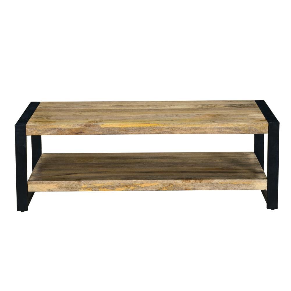 47 Inch Rectangular Industrial Coffee Table with Sled Design Metal Legs Washed White By The Urban Port UPT-242823