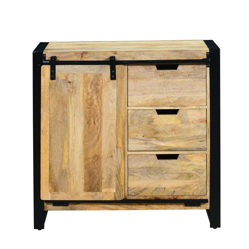 3 Drawer Wooden Sideboard with Barn Style Sliding Door Brown and Black By The Urban Port UPT-242824