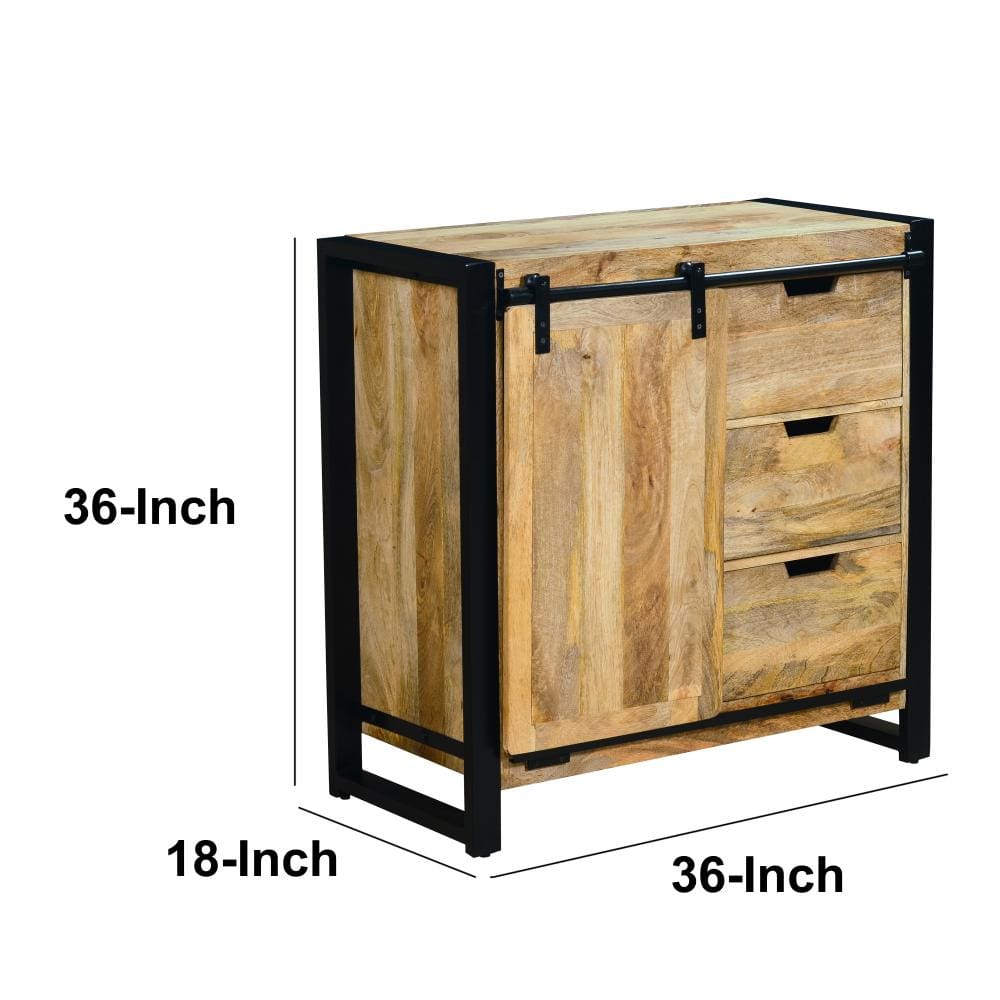 3 Drawer Wooden Sideboard with Barn Style Sliding Door Brown and Black By The Urban Port UPT-242824